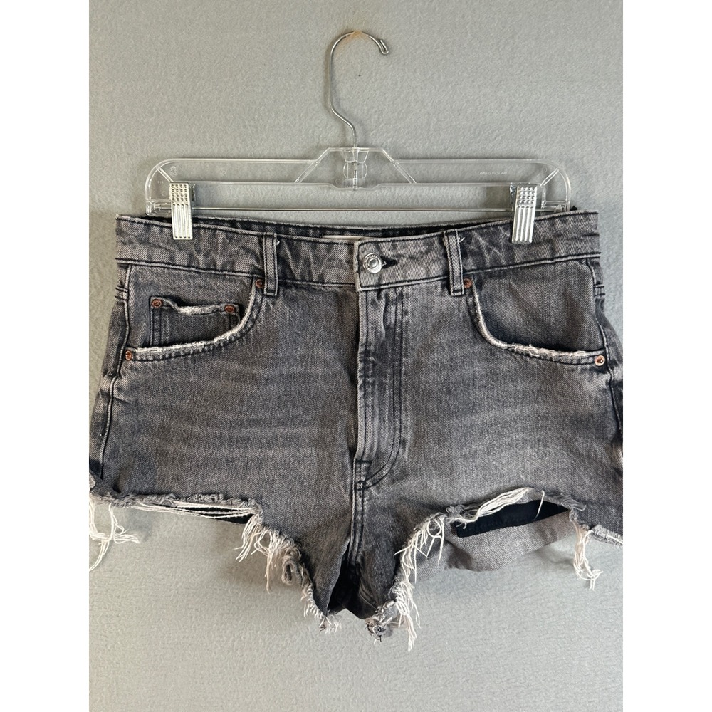 ZARA High Waist Distressed Denim Shorts Gray‎ Womens Size 10 Ripped Raw Hem